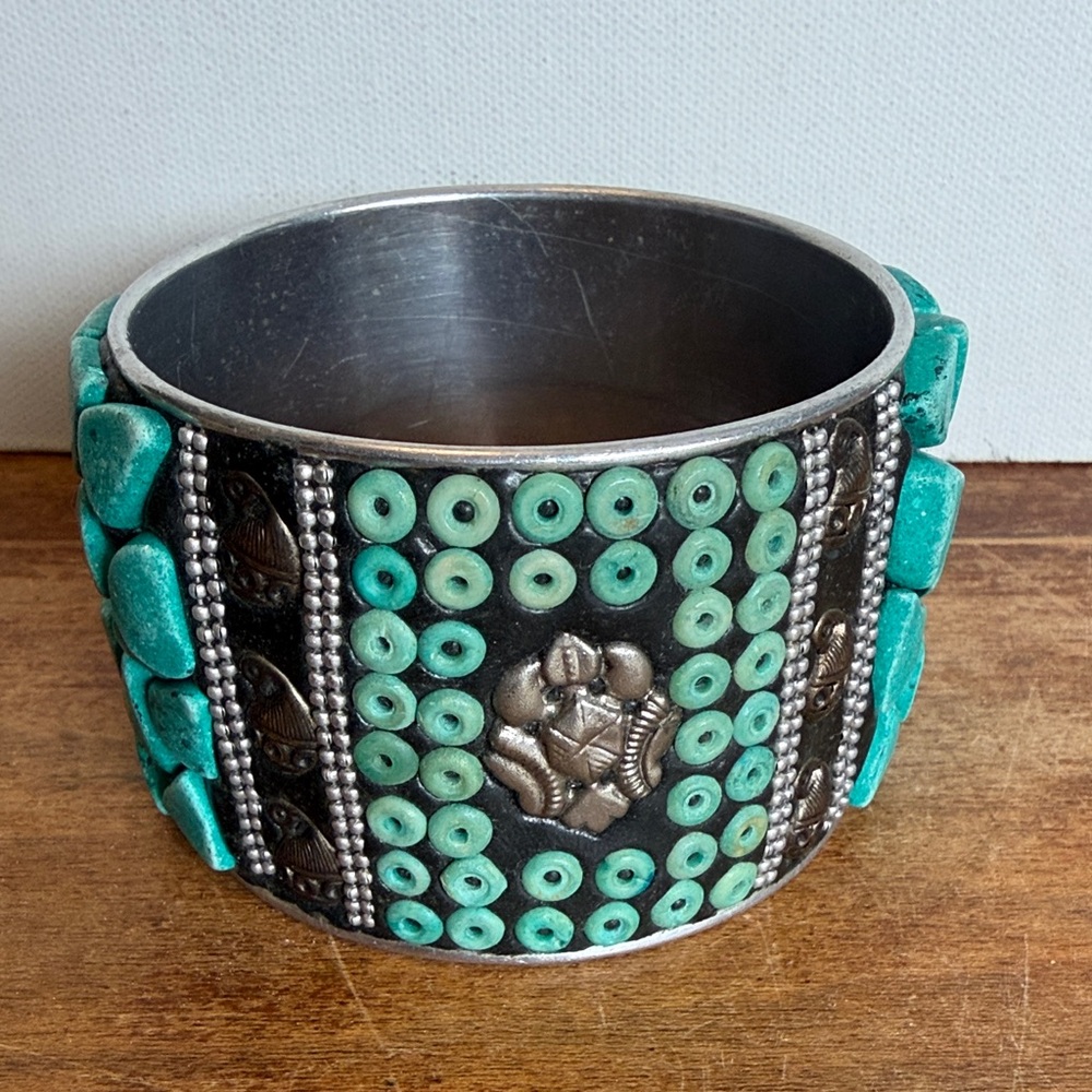 Turquoise and Silver Bohemian Wide Bangle Bracelet